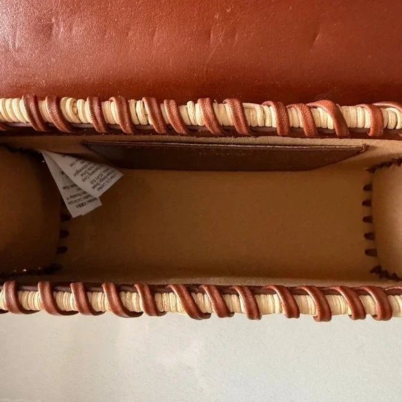J.Crew Leather and Wicker Mini Satchel Crossbody Bag Brown Tan Whipstitch - Picture 7 of 7